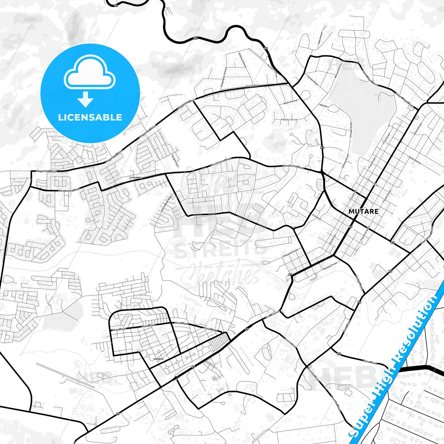 Mutare, Zimbabwe Light Map with Street Names, City Names, and Districts