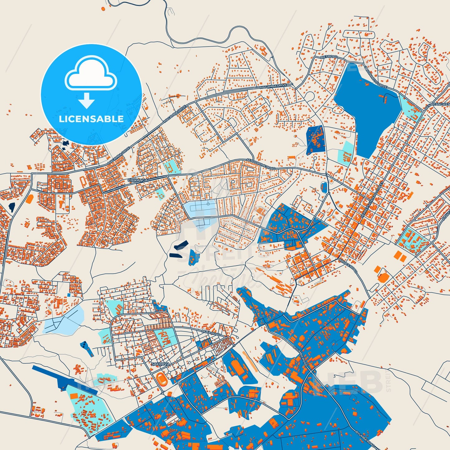 Colorful Mutare Street Map with Labels and Buildings