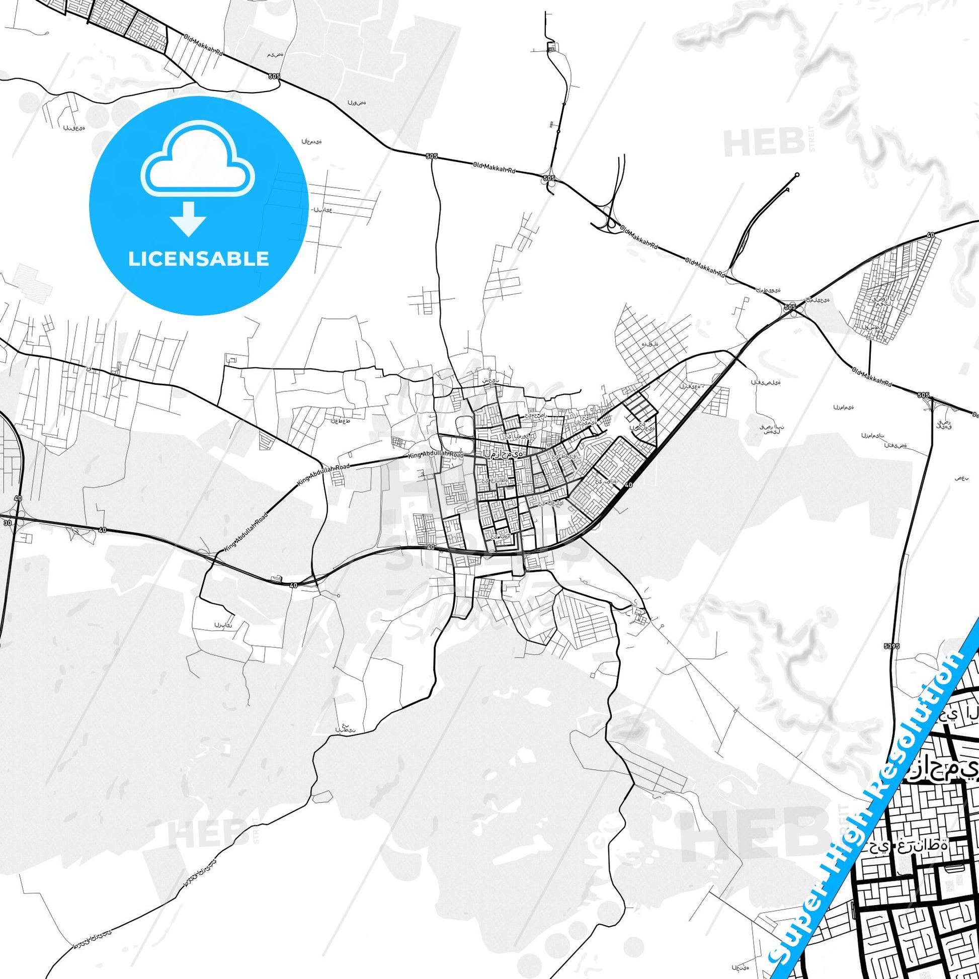 Muzahmiyya, Saudi Arabia light map with streetnames, citynames and districts