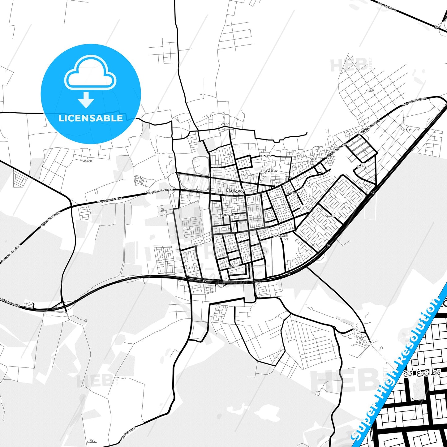 Muzahmiyya, Saudi Arabia Light Map with Street Names, City Names, and Districts