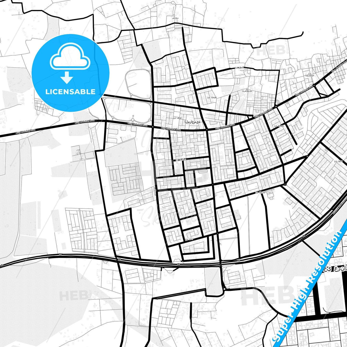 Muzahmiyya, Saudi Arabia Light Map with Street Names, City Names, and Districts