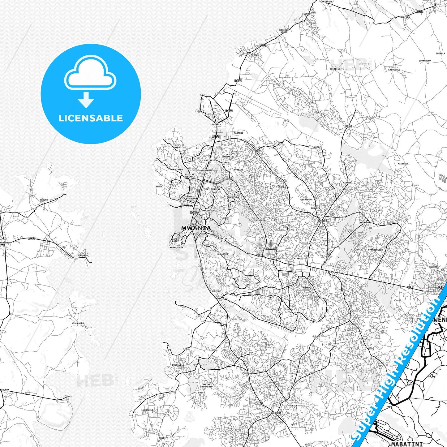 Mwanza, Tanzania light map with streetnames, citynames and districts