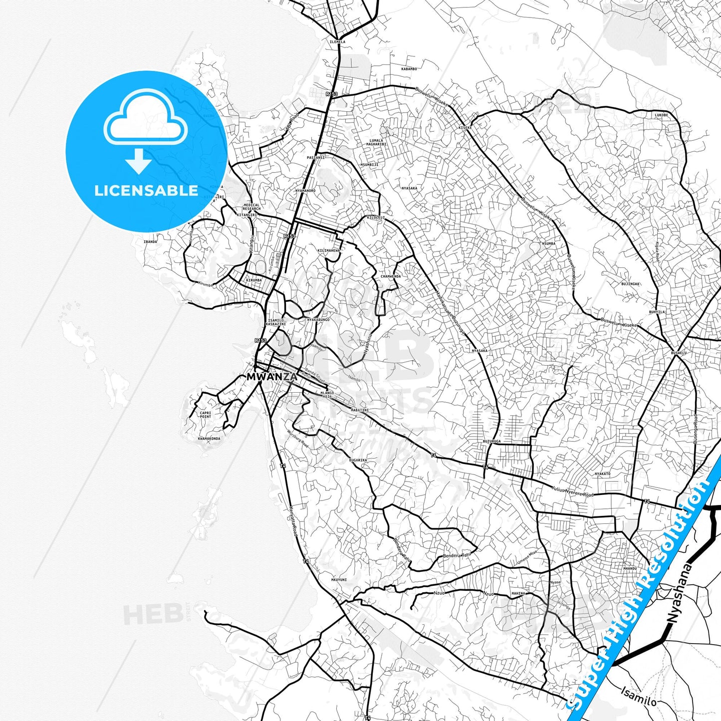 Mwanza, Tanzania Light Map with Street Names, City Names, and Districts