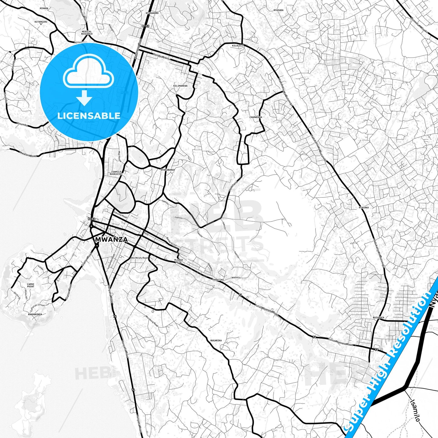 Mwanza, Tanzania Light Map with Street Names, City Names, and Districts