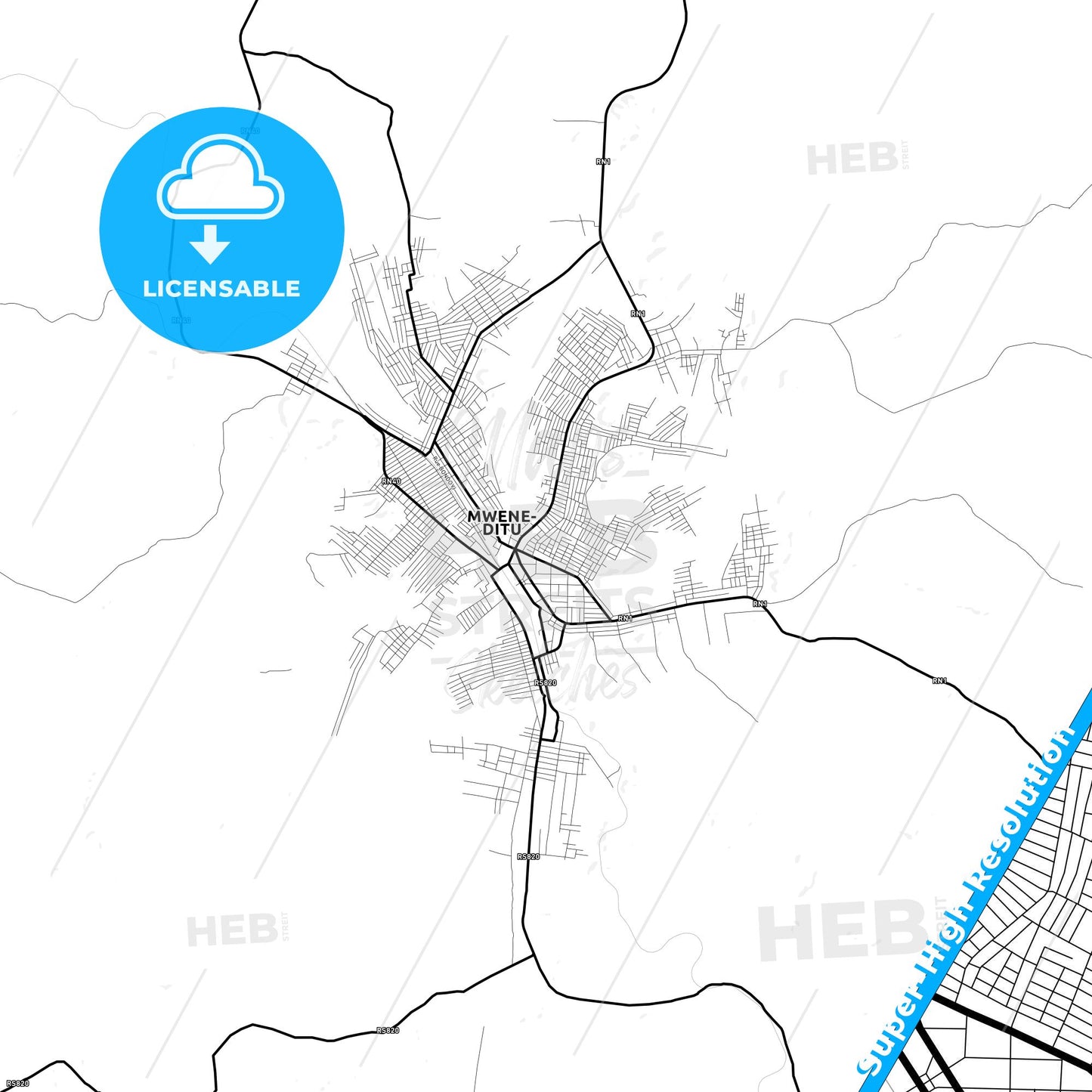 Mwene-Ditu, DR Congo Light Map with Street Names, City Names, and Districts