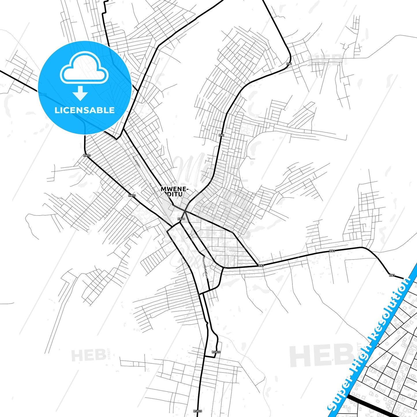 Mwene-Ditu, DR Congo Light Map with Street Names, City Names, and Districts