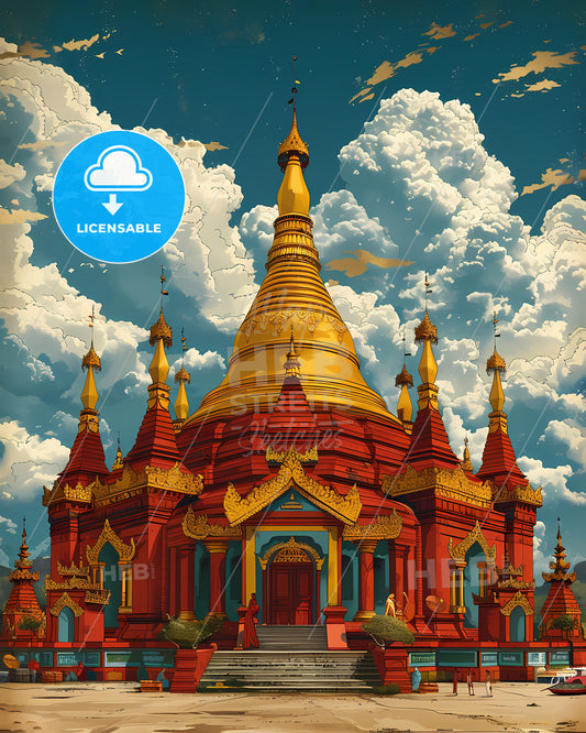 Buddhist Temple Artwork Myanmar Southeast Asia Painting Red Gold Blue Sky Clouds Traditional