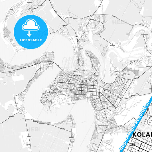 Mykolaiv, Ukraine light map with streetnames, citynames and districts