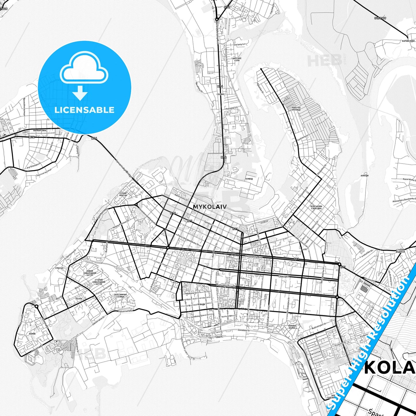 Mykolaiv, Ukraine Light Map with Street Names, City Names, and Districts