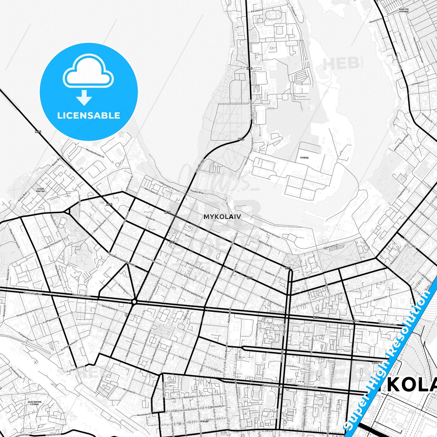 Mykolaiv, Ukraine Light Map with Street Names, City Names, and Districts