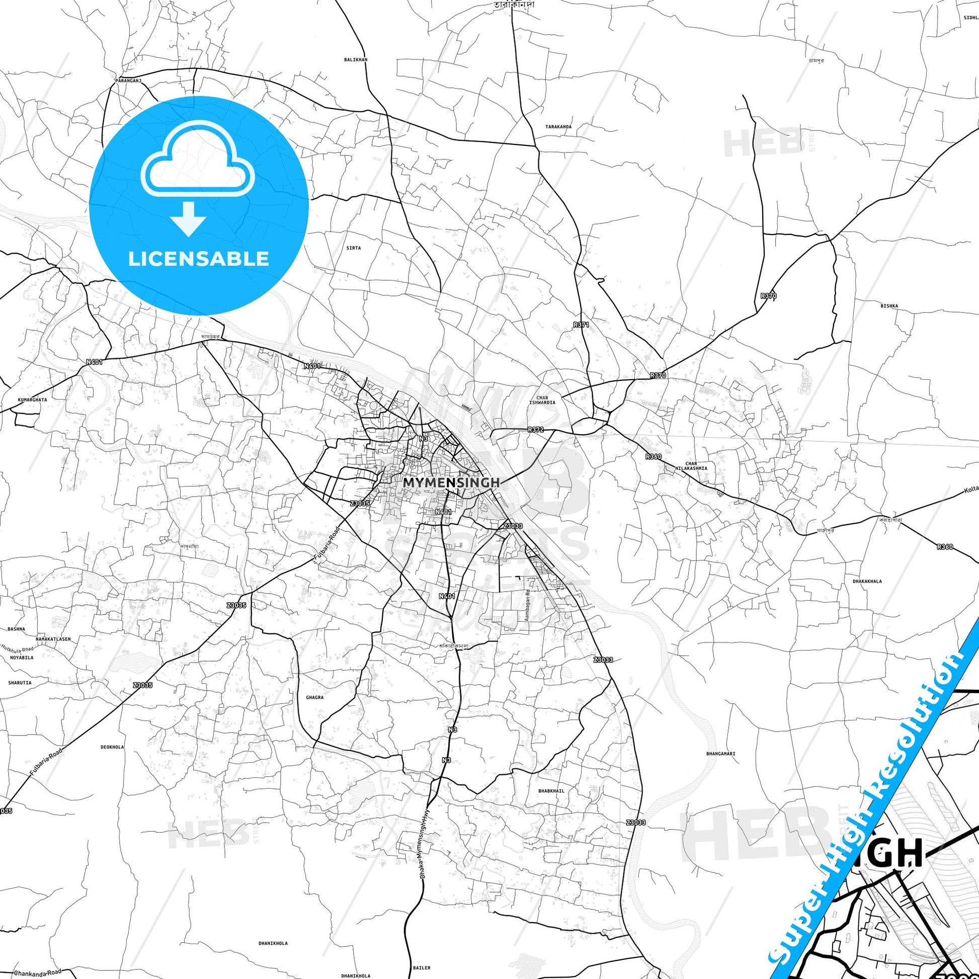 Mymensingh, Bangladesh light map with streetnames, citynames and districts