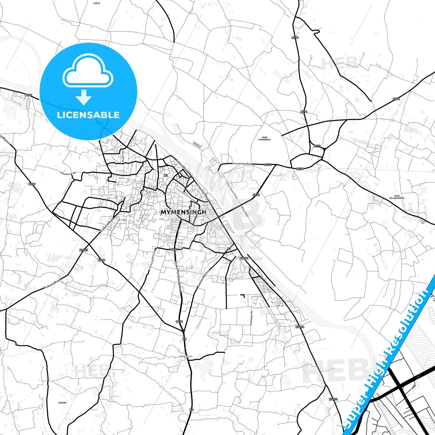 Mymensingh, Bangladesh Light Map with Street Names, City Names, and Districts