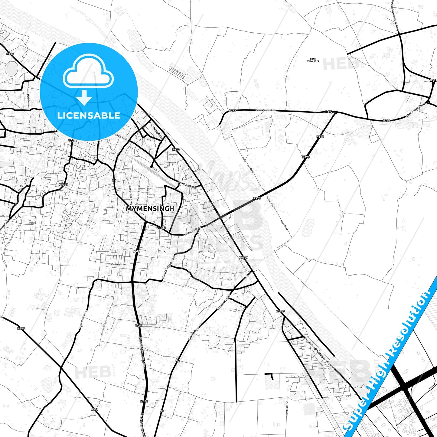 Mymensingh, Bangladesh Light Map with Street Names, City Names, and Districts