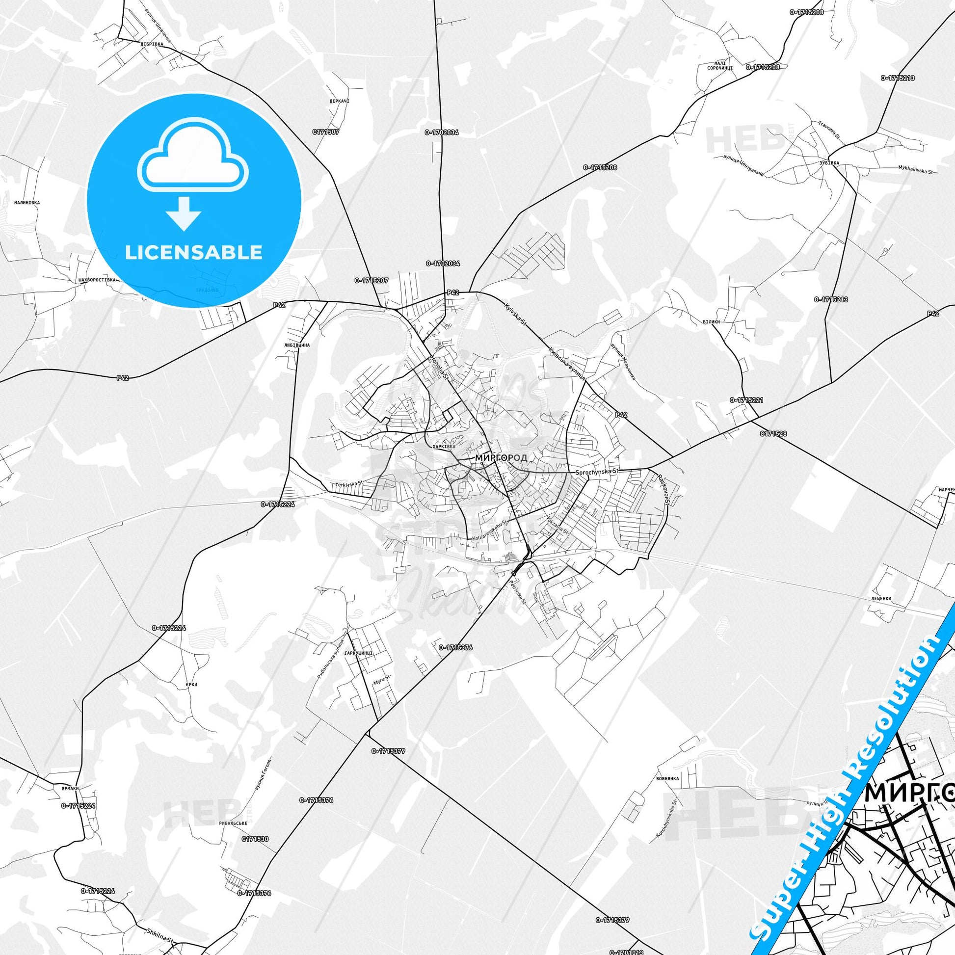 Myrhorod, Ukraine light map with streetnames, citynames and districts