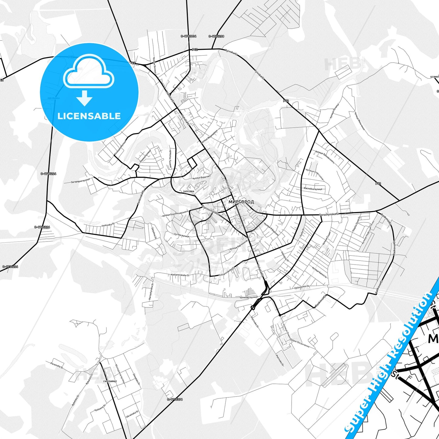 Myrhorod, Ukraine Light Map with Street Names, City Names, and Districts