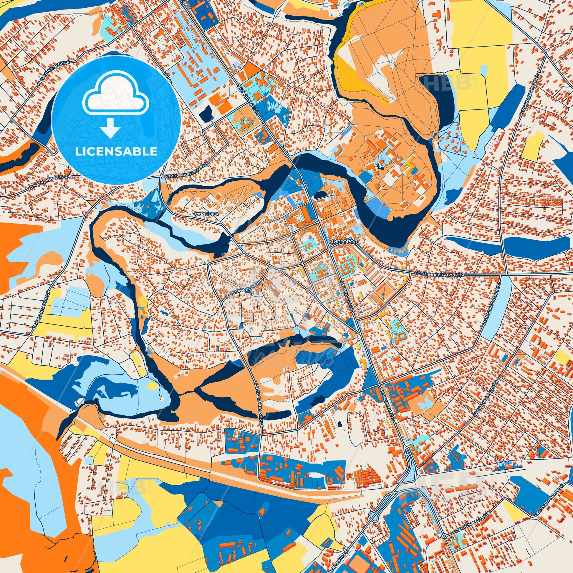 Colorful Myrhorod Street Map with Labels and Buildings