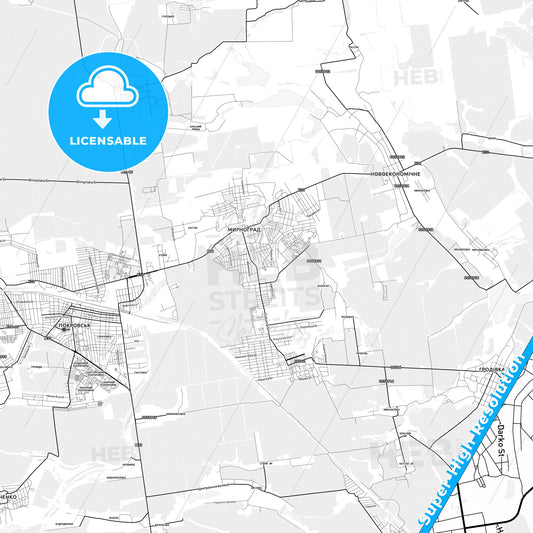 Myrnohrad, Ukraine light map with streetnames, citynames and districts