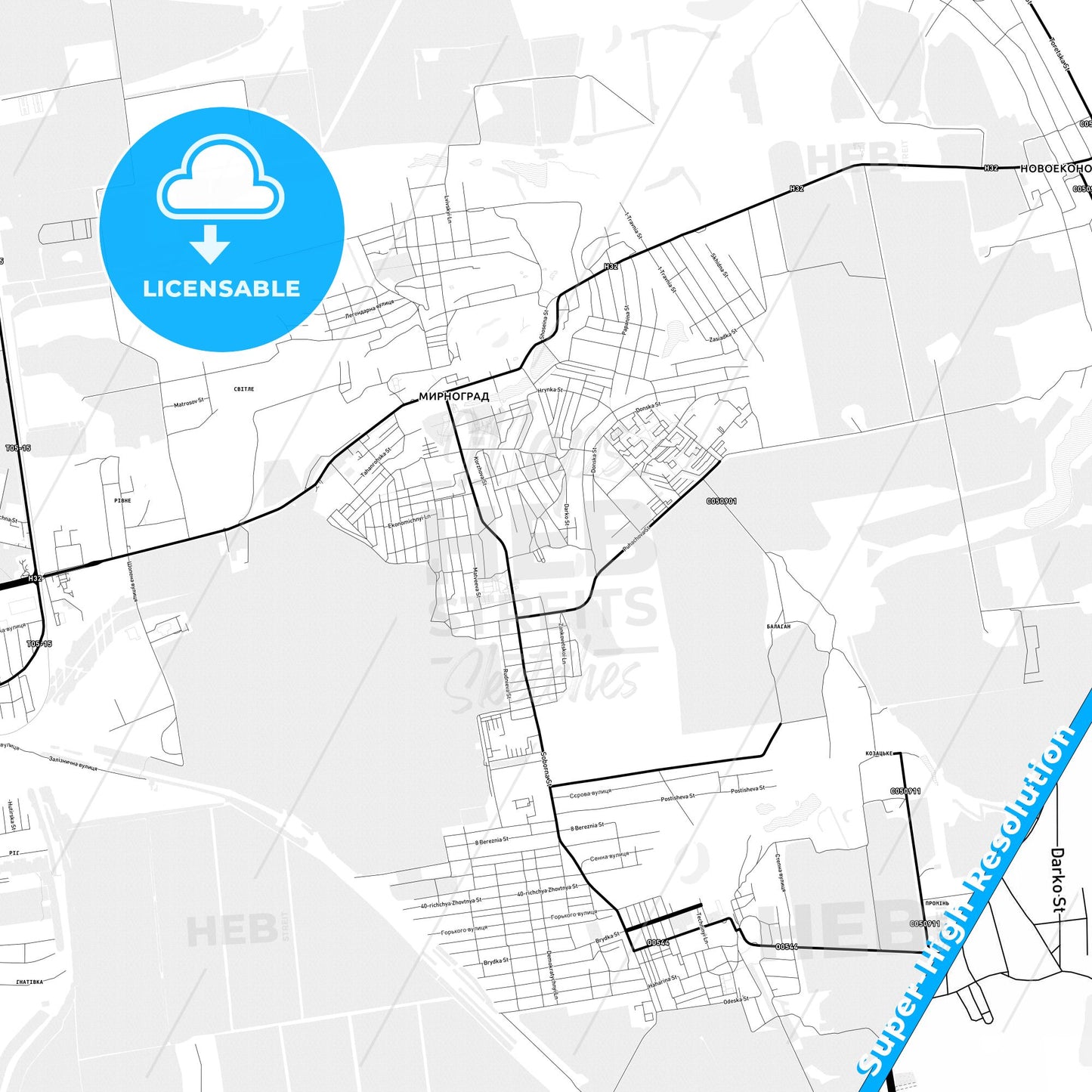 Myrnohrad, Ukraine Light Map with Street Names, City Names, and Districts