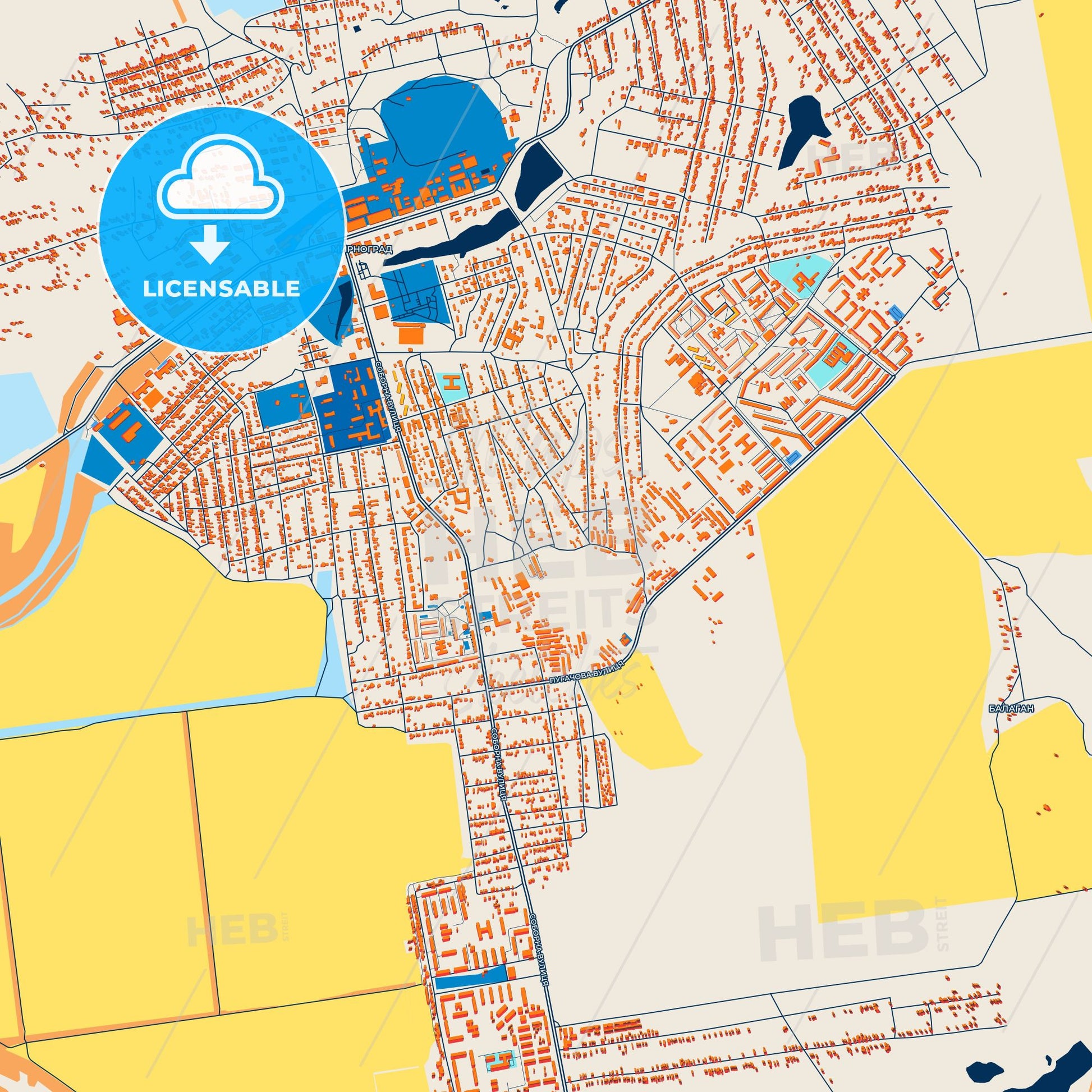 Colorful Myrnohrad Street Map with Labels and Buildings
