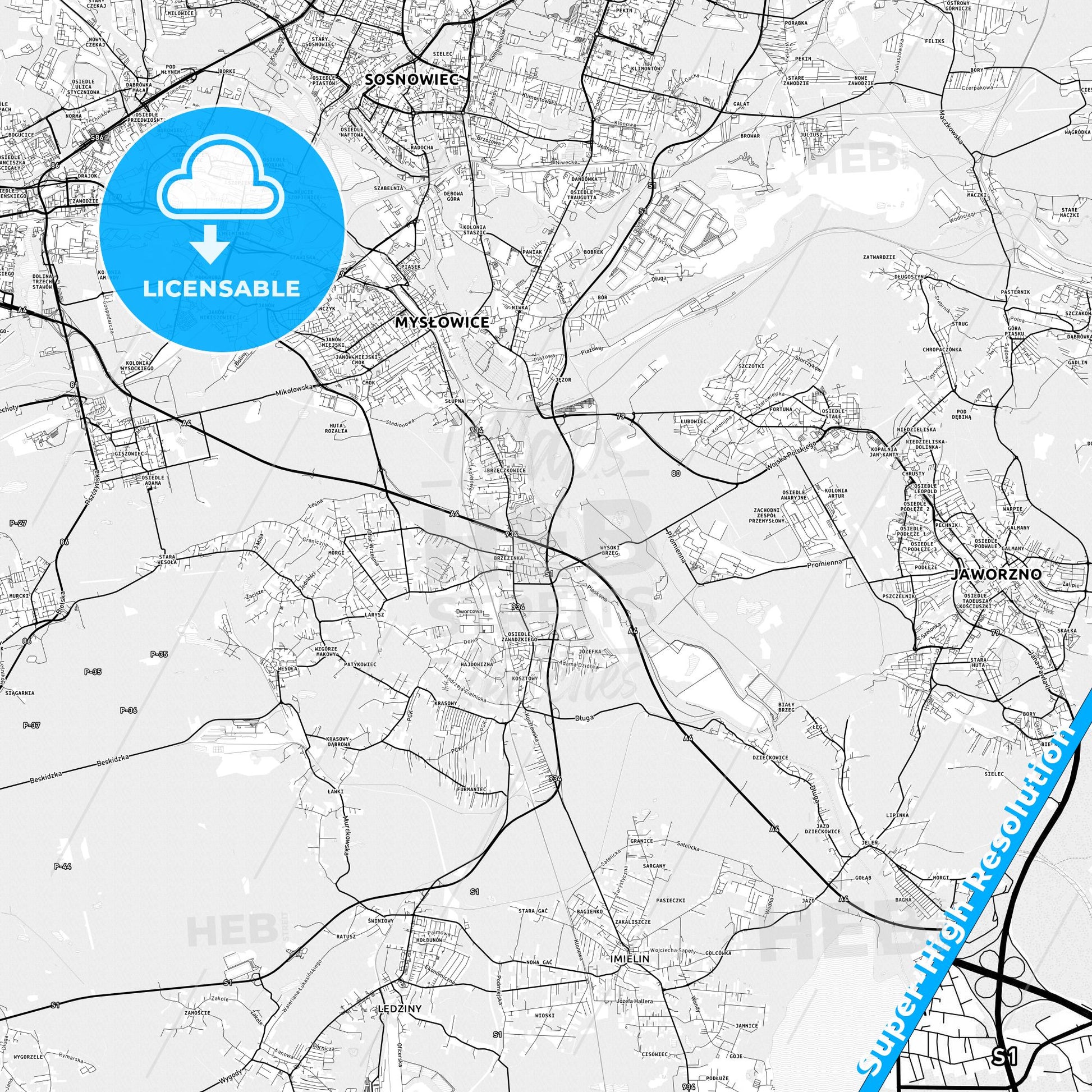 Mysłowice, Poland light map with streetnames, citynames and districts