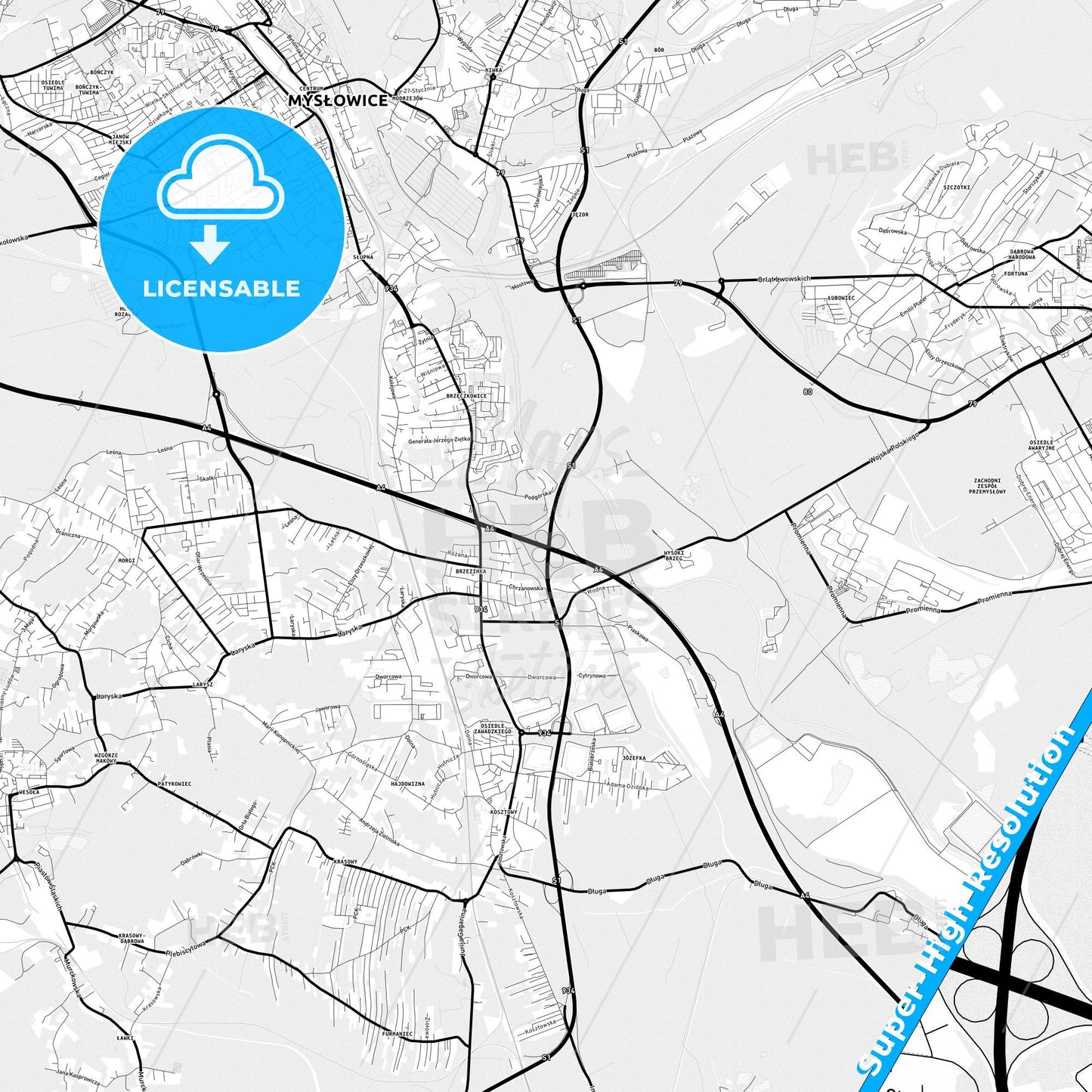 Mysłowice, Poland Light Map with Street Names, City Names, and Districts
