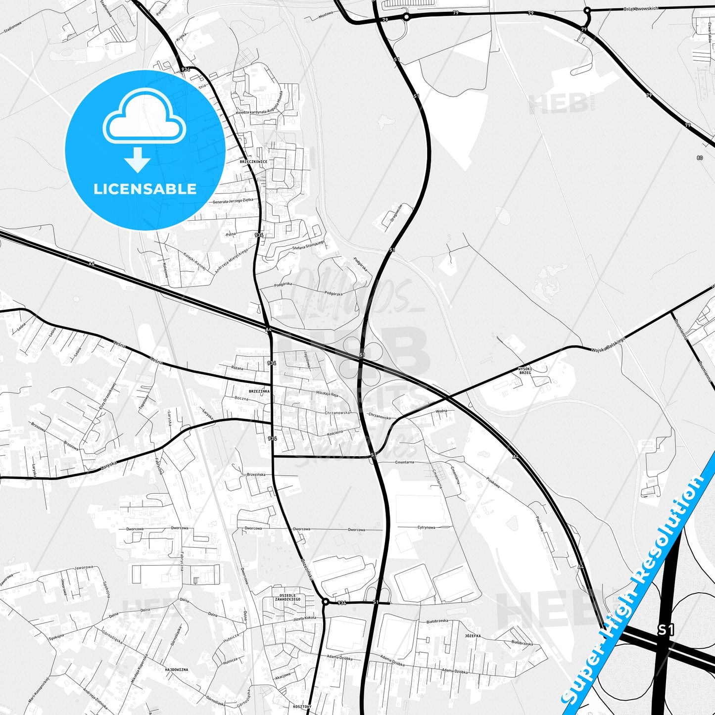 Mysłowice, Poland Light Map with Street Names, City Names, and Districts