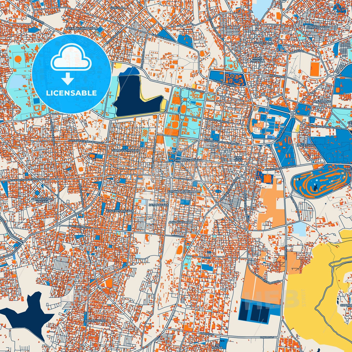 Colorful Mysore Street Map with Labels and Buildings