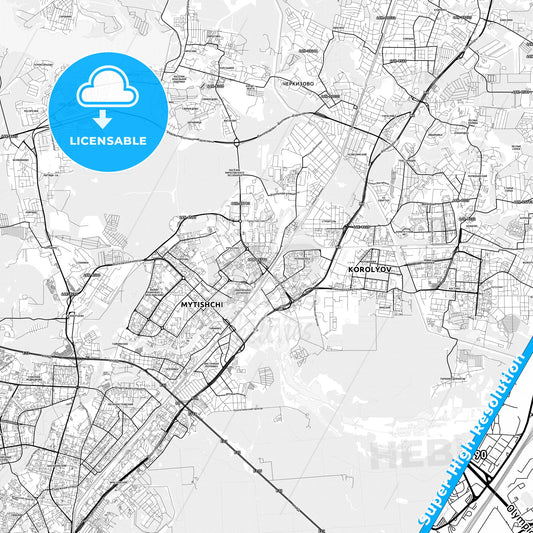 Mytishchi, Russia light map with streetnames, citynames and districts