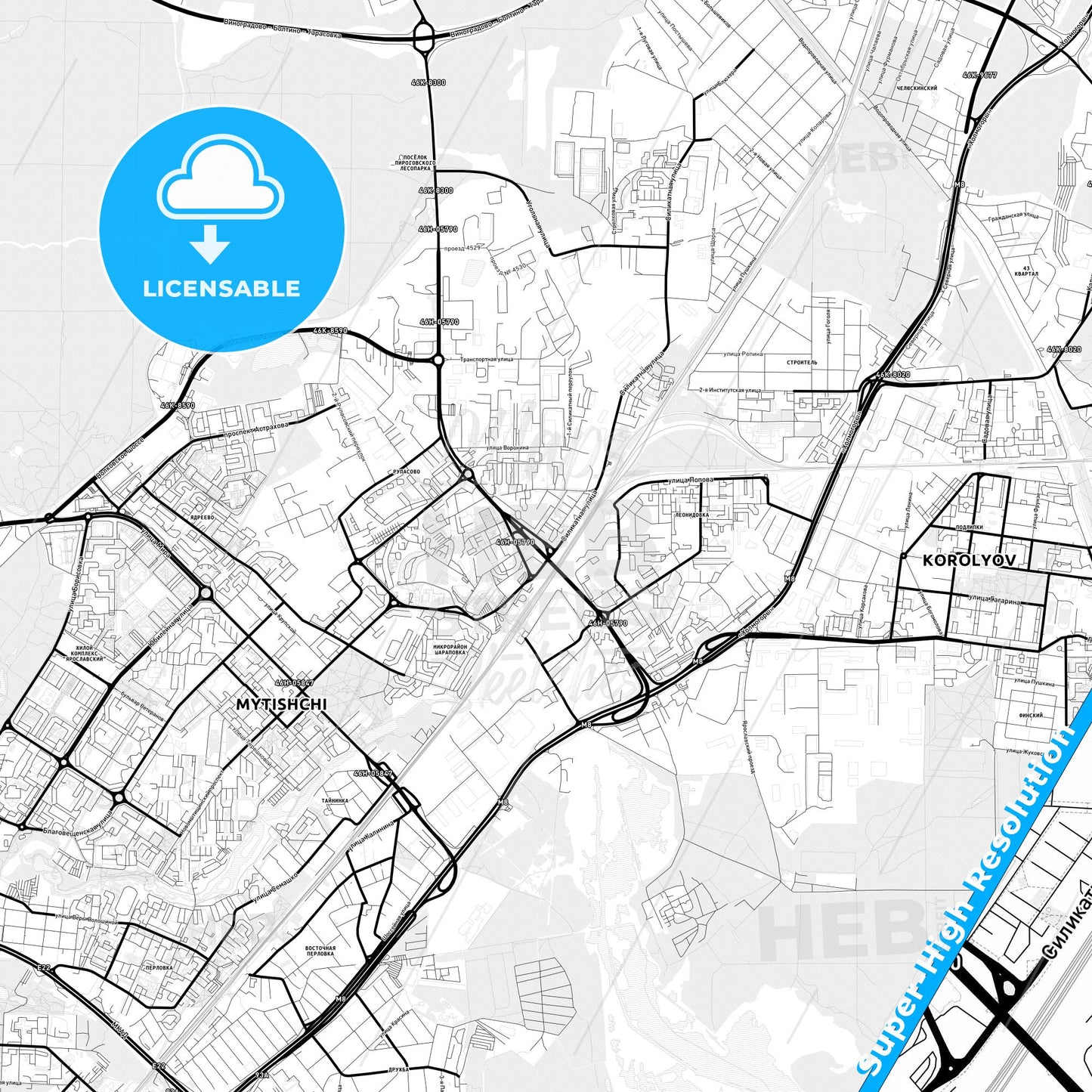 Mytishchi, Russia Light Map with Street Names, City Names, and Districts