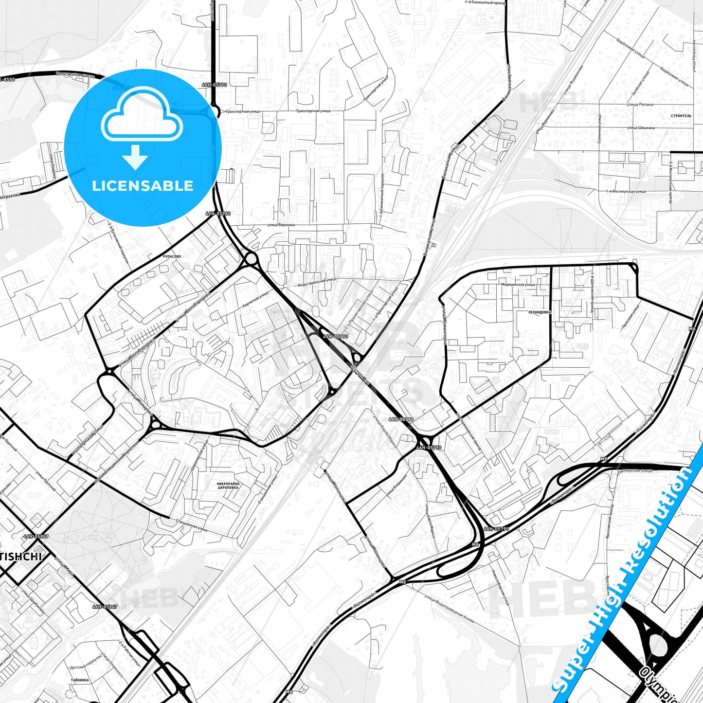 Mytishchi, Russia Light Map with Street Names, City Names, and Districts
