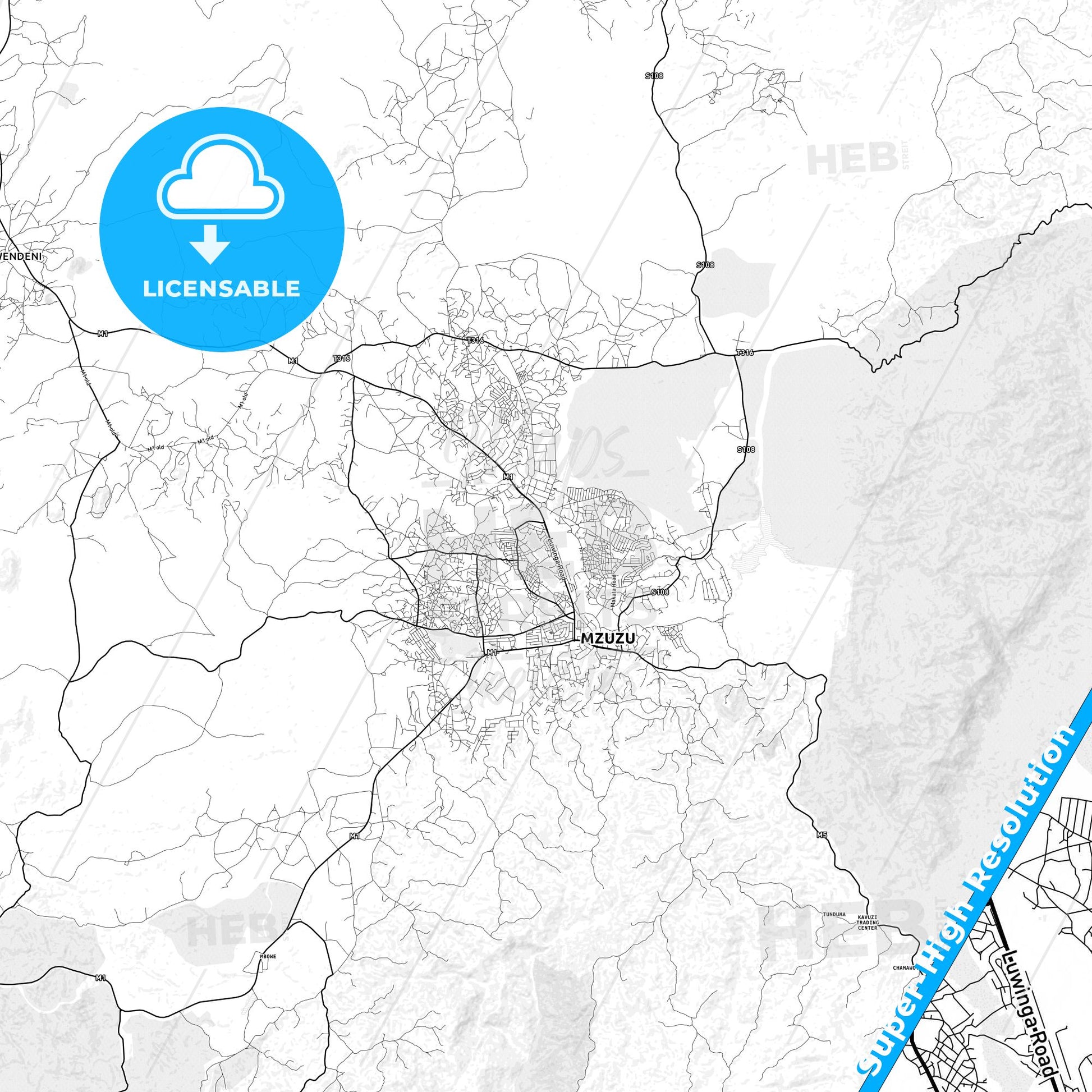 Mzuzu, Malawi light map with streetnames, citynames and districts