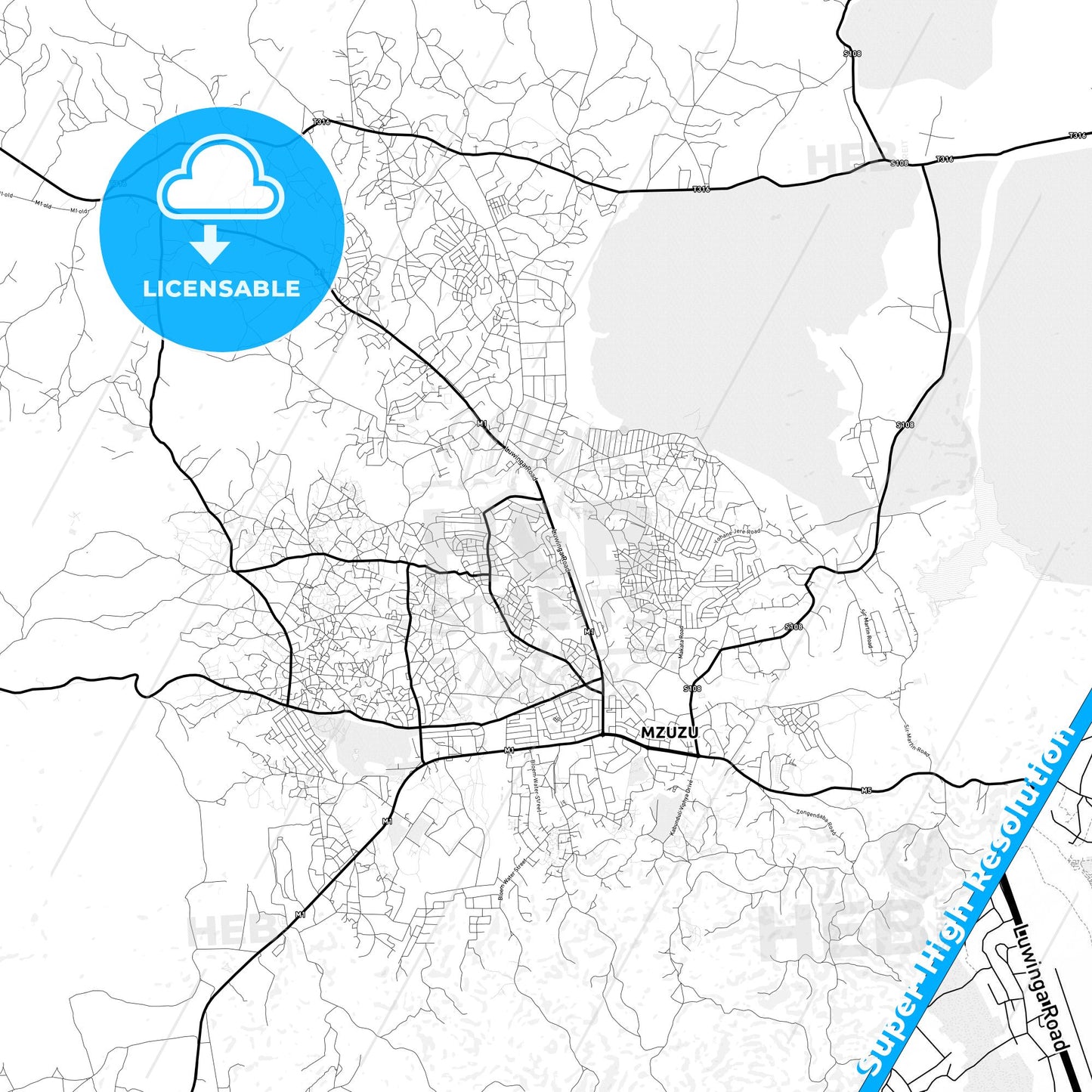Mzuzu, Malawi Light Map with Street Names, City Names, and Districts