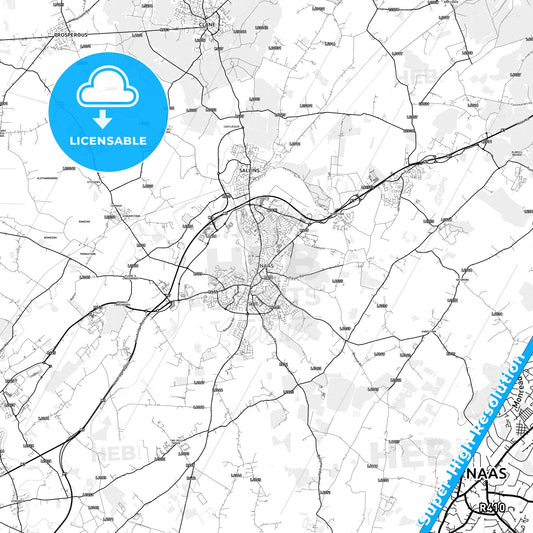 Naas, Ireland light map with streetnames, citynames and districts