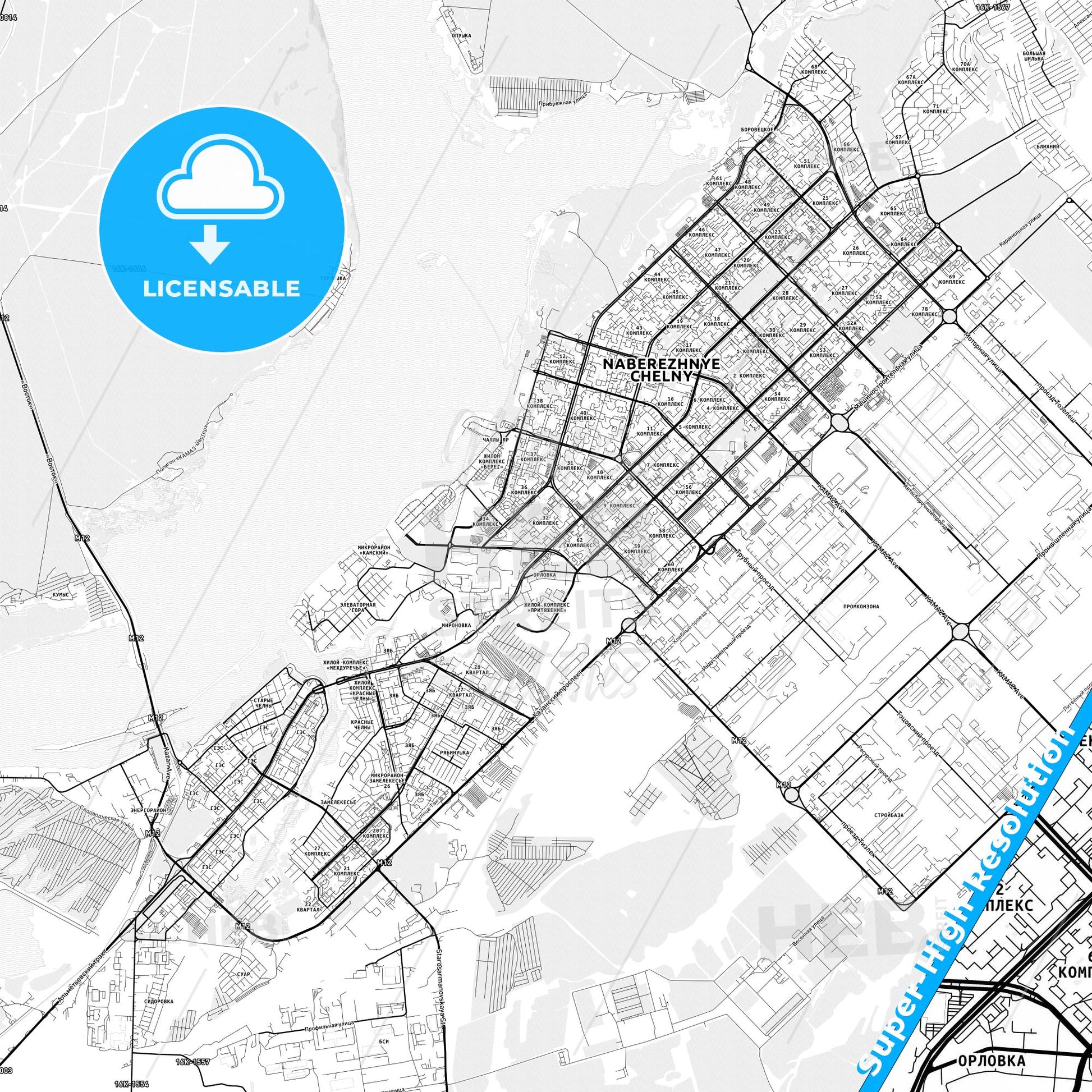 Naberezhnye Chelny, Russia light map with streetnames, citynames and districts