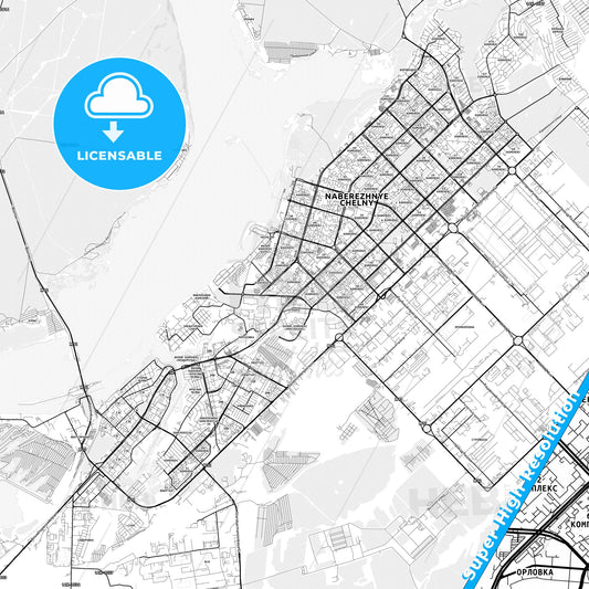 Naberezhnye Chelny, Russia light map with streetnames, citynames and districts