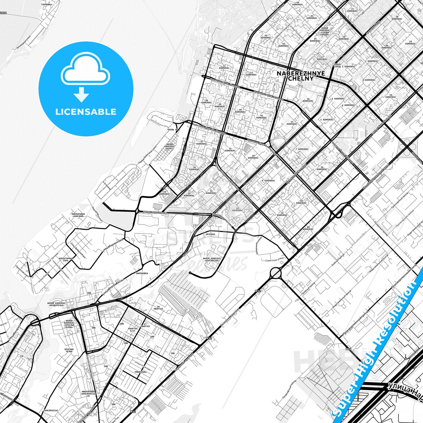 Naberezhnye Chelny, Russia Light Map with Street Names, City Names, and Districts
