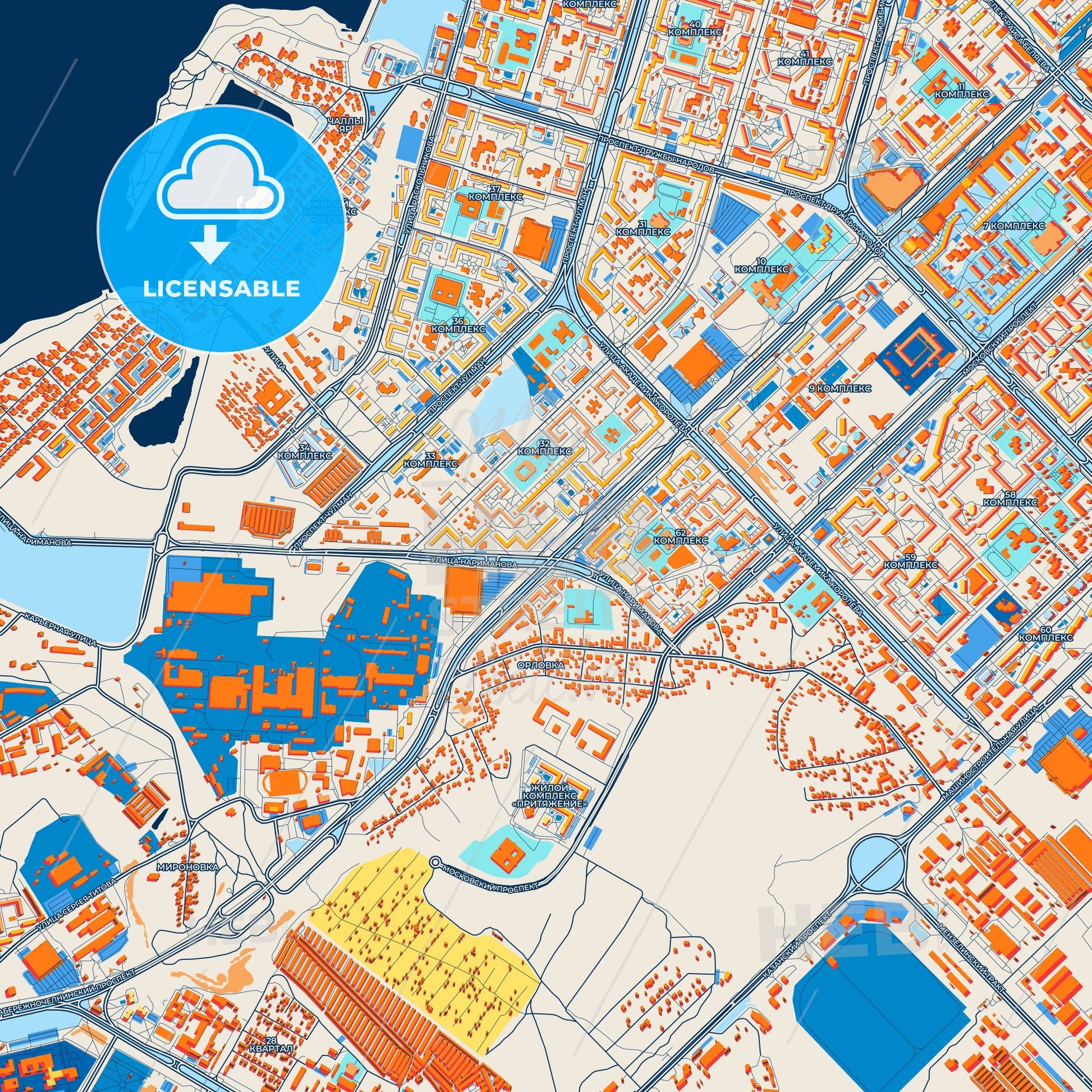 Colorful Naberezhnye Chelny Street Map with Labels and Buildings