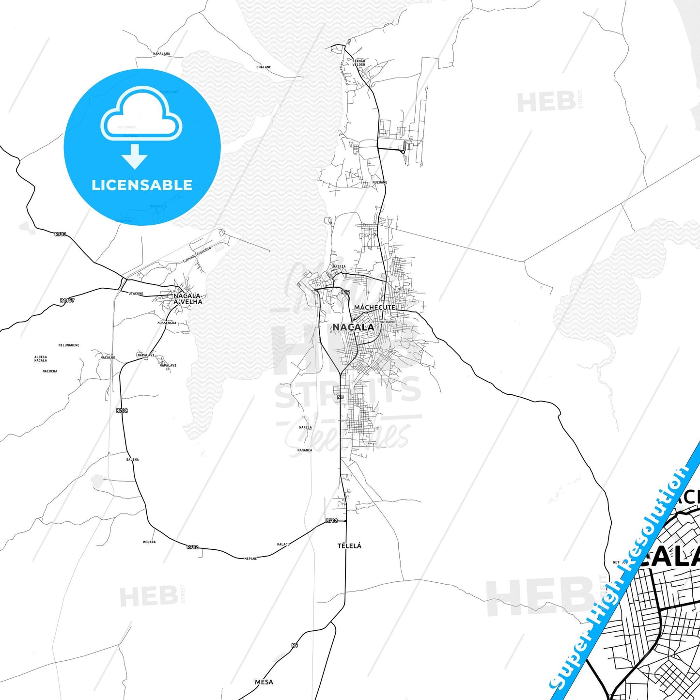 Nacala, Mozambique light map with streetnames, citynames and districts