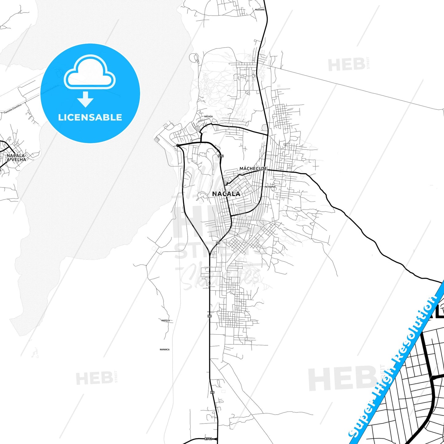Nacala, Mozambique Light Map with Street Names, City Names, and Districts
