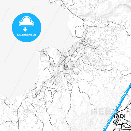 Nadi, Fiji light map with streetnames, citynames and districts