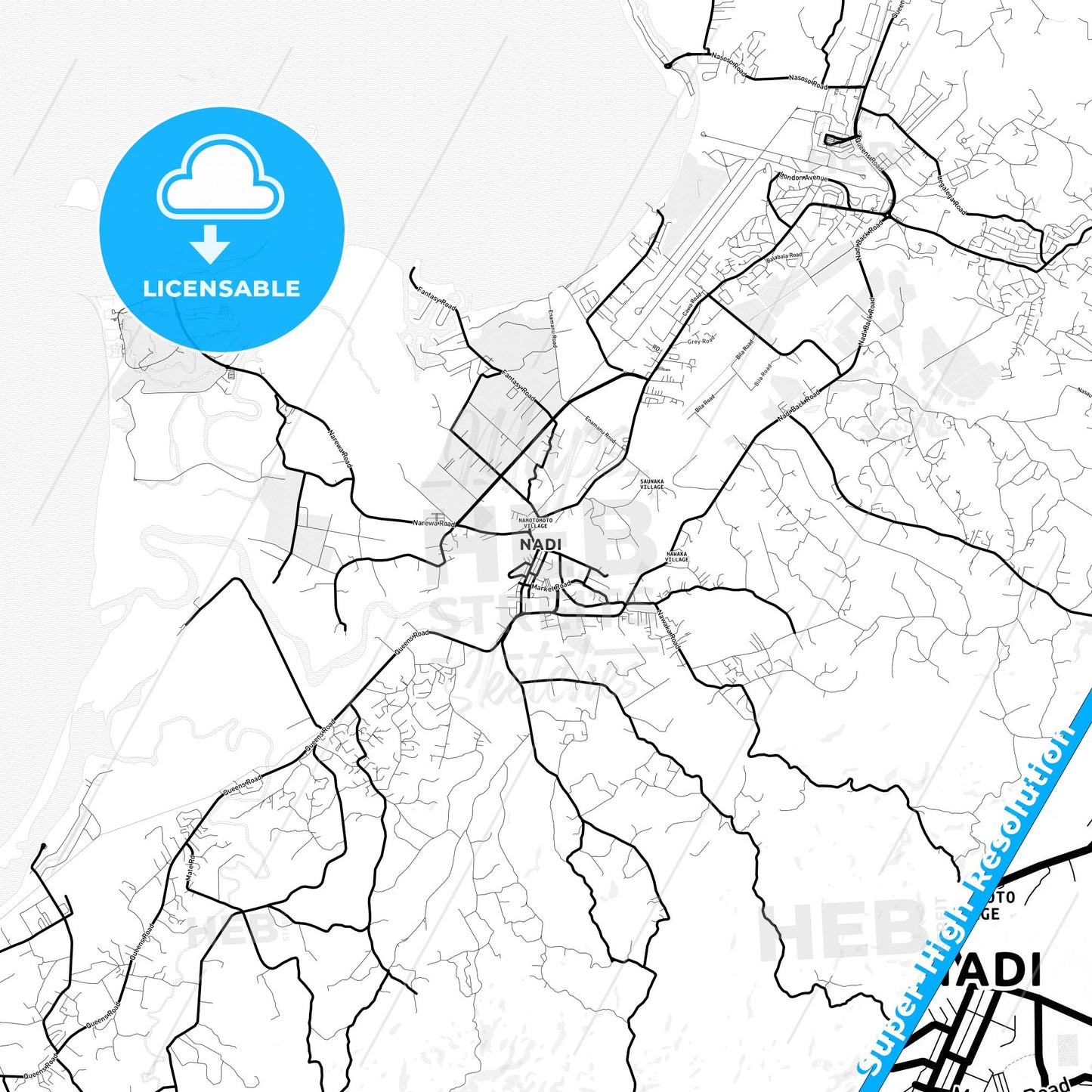 Nadi, Fiji Light Map with Street Names, City Names, and Districts