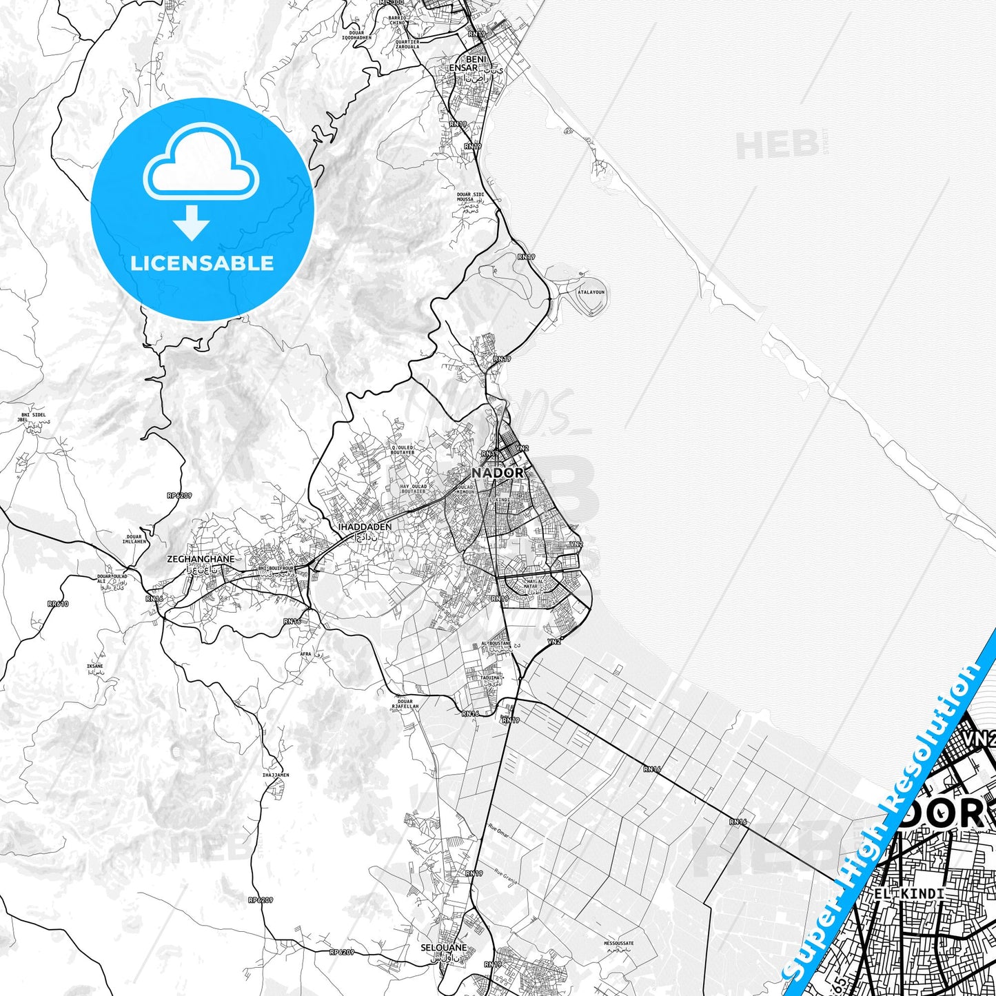 Nador, Morocco light map with streetnames, citynames and districts