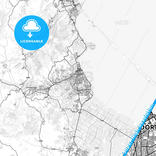 Nador, Morocco light map with streetnames, citynames and districts