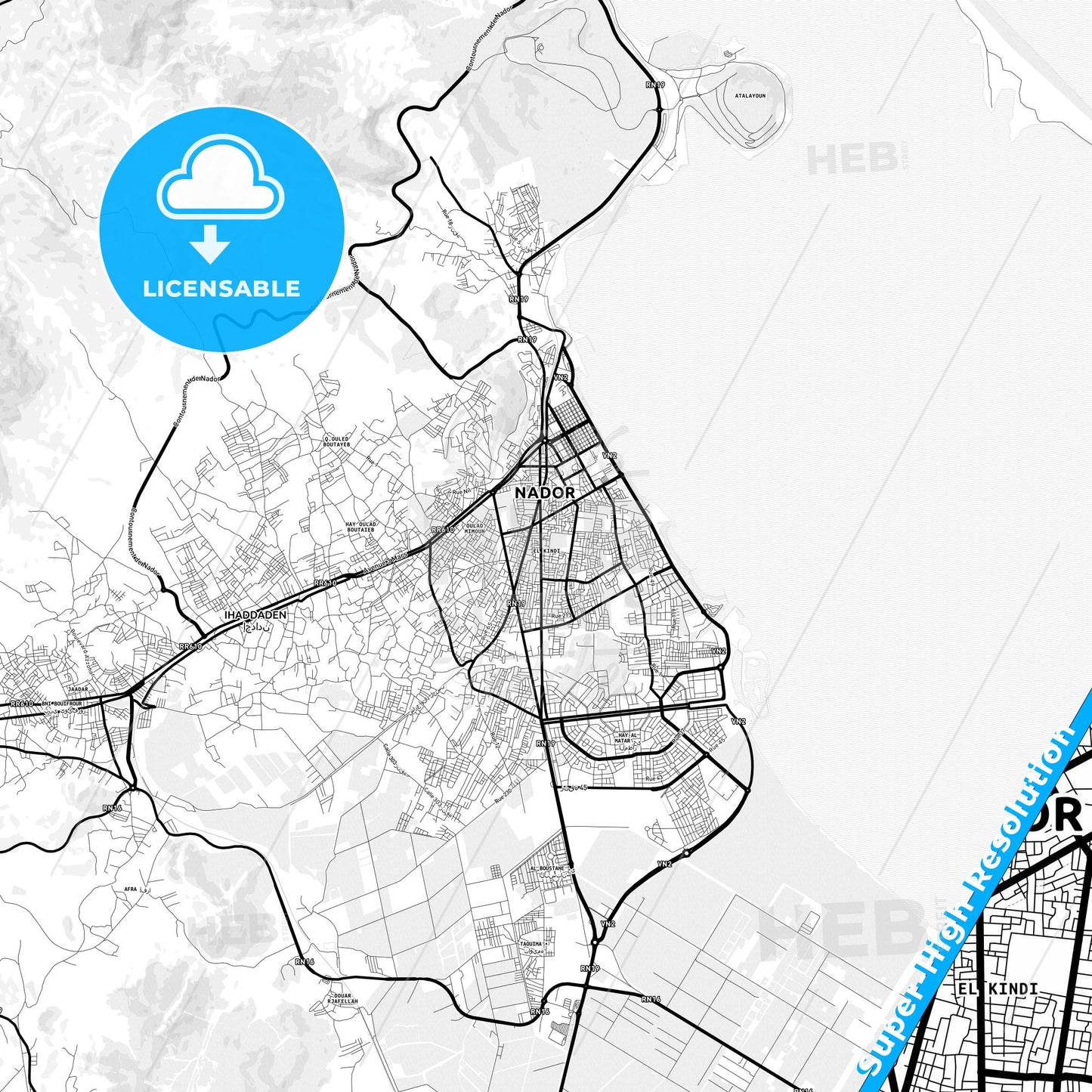 Nador, Morocco Light Map with Street Names, City Names, and Districts