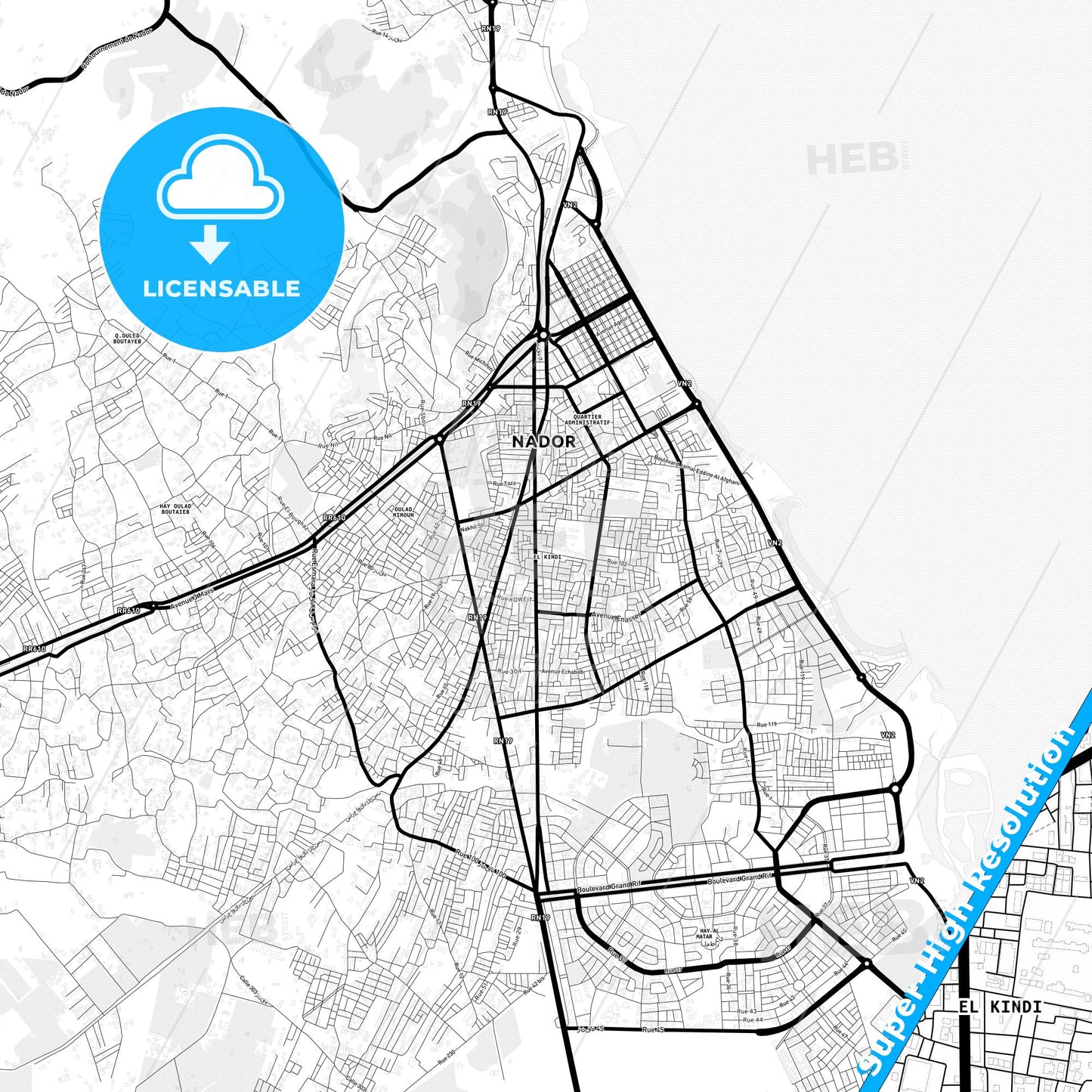Nador, Morocco Light Map with Street Names, City Names, and Districts