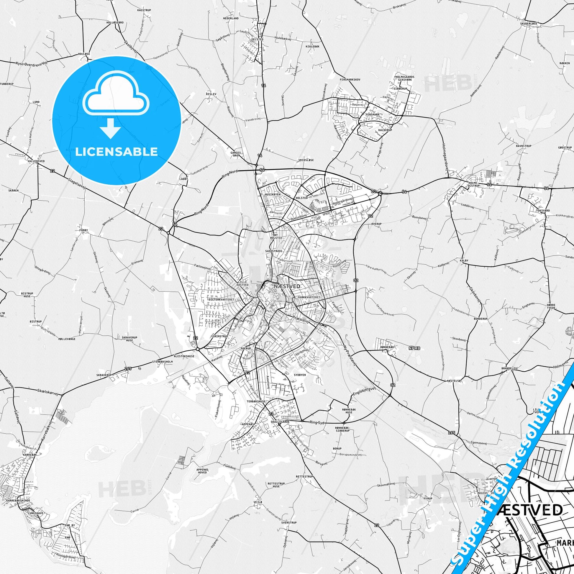 Næstved, Denmark light map with streetnames, citynames and districts
