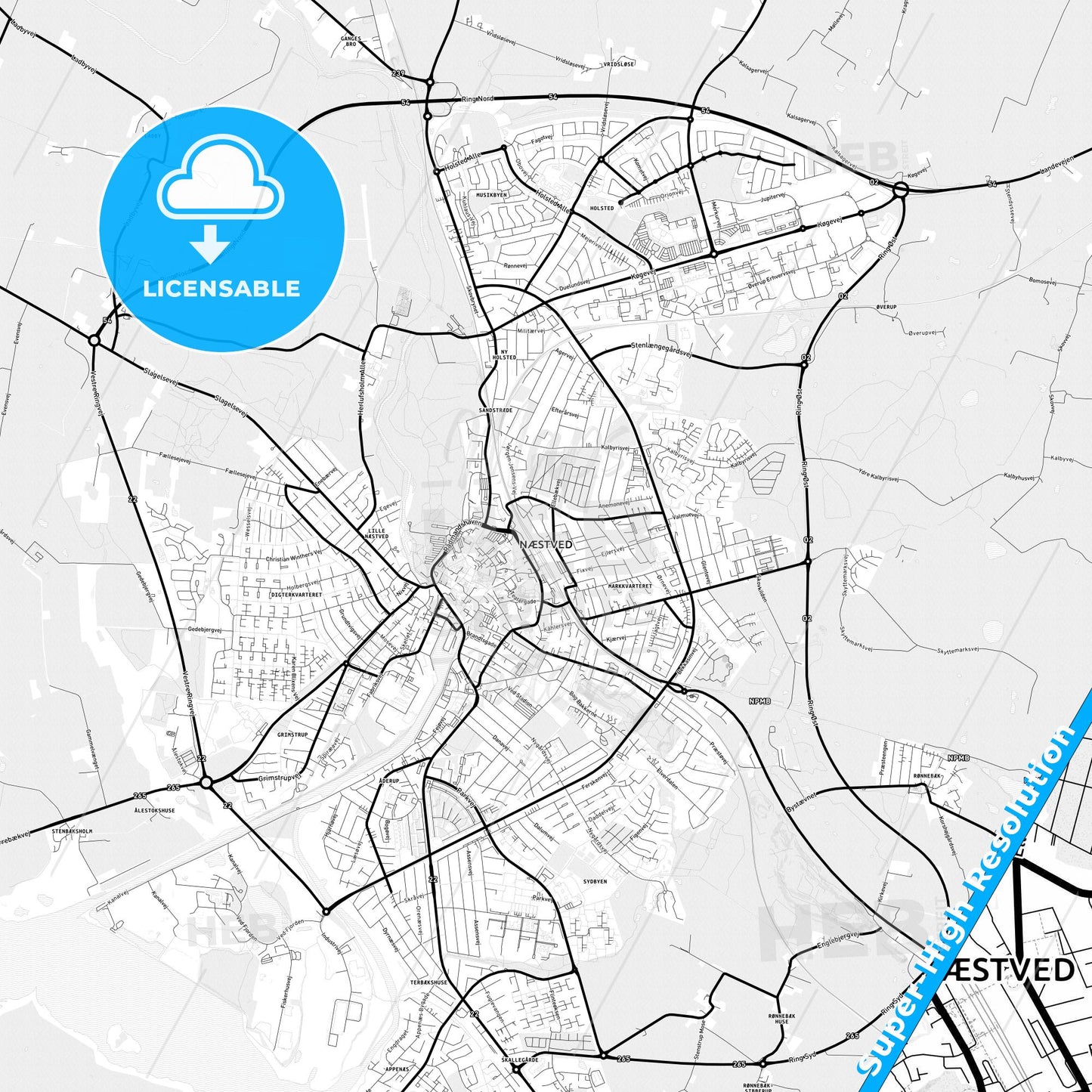 Næstved, Denmark Light Map with Street Names, City Names, and Districts
