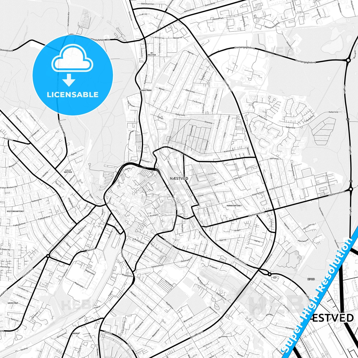 Næstved, Denmark Light Map with Street Names, City Names, and Districts
