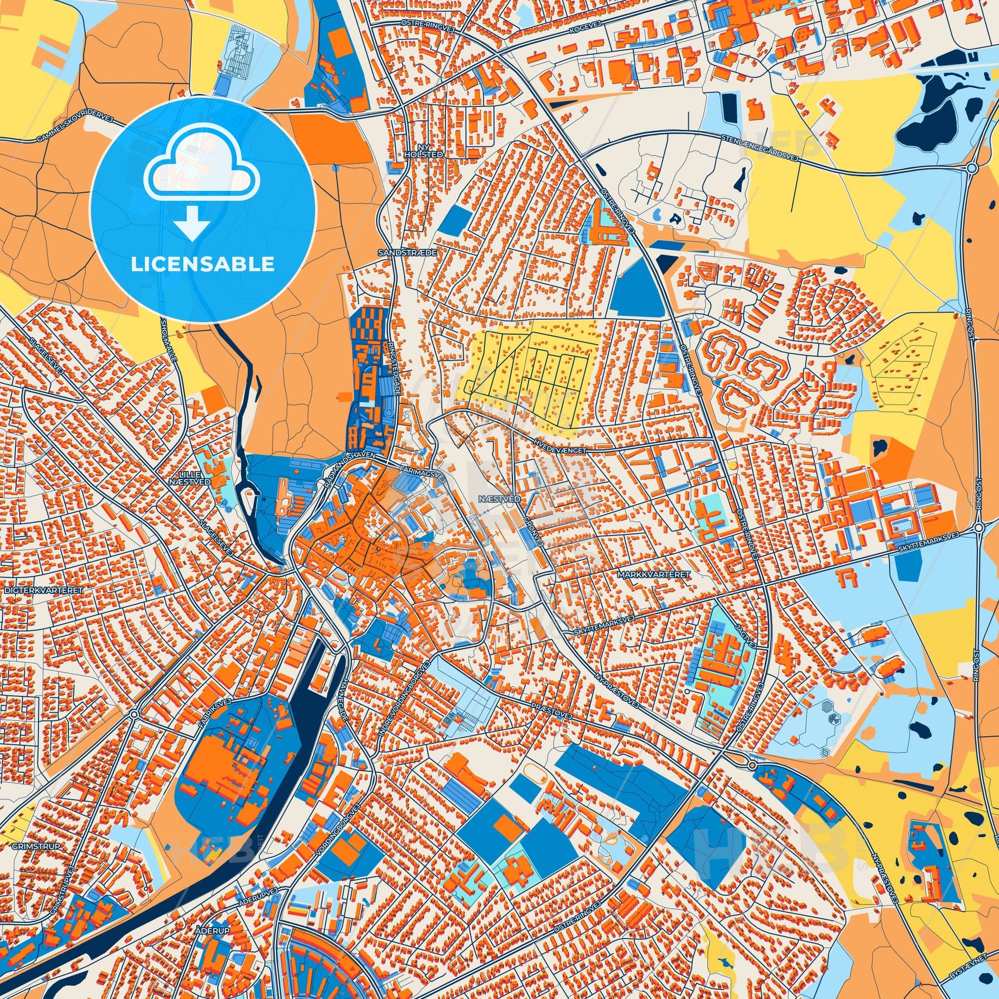 Colorful Næstved Street Map with Labels and Buildings