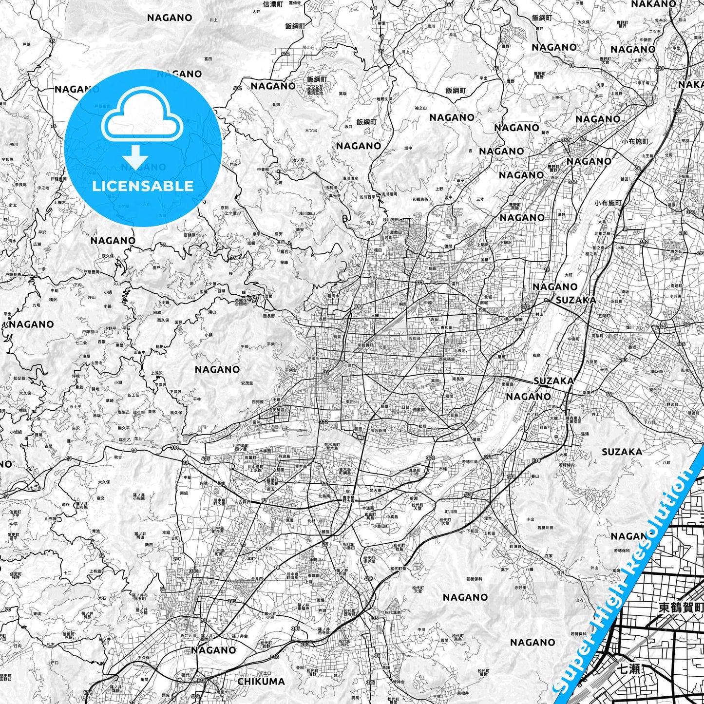 Nagano, Japan light map with streetnames, citynames and districts